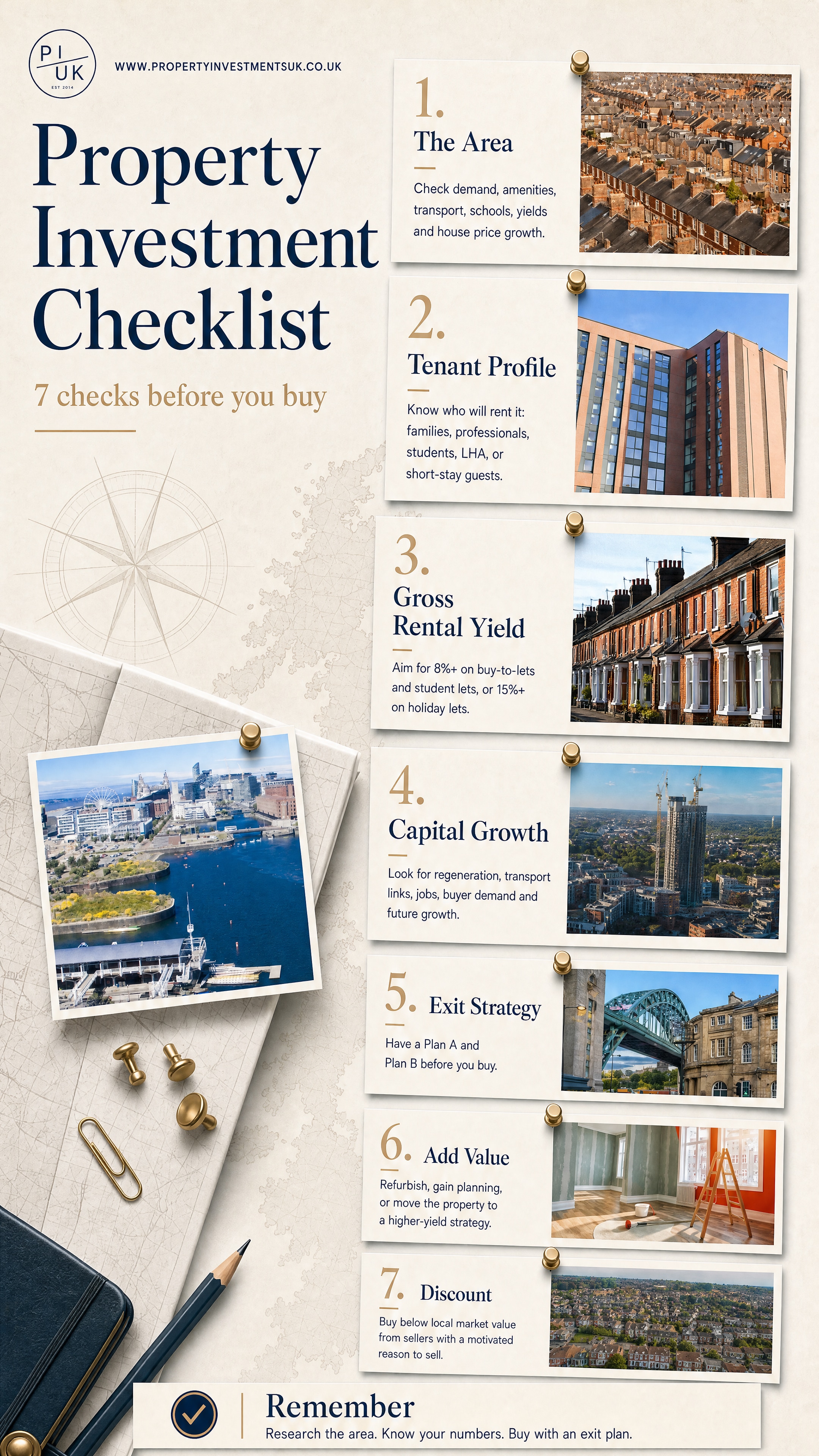 Property investment checklist infographic showing seven checks: area, tenant profile, gross rental yield, capital growth, exit strategy, add value and discount.