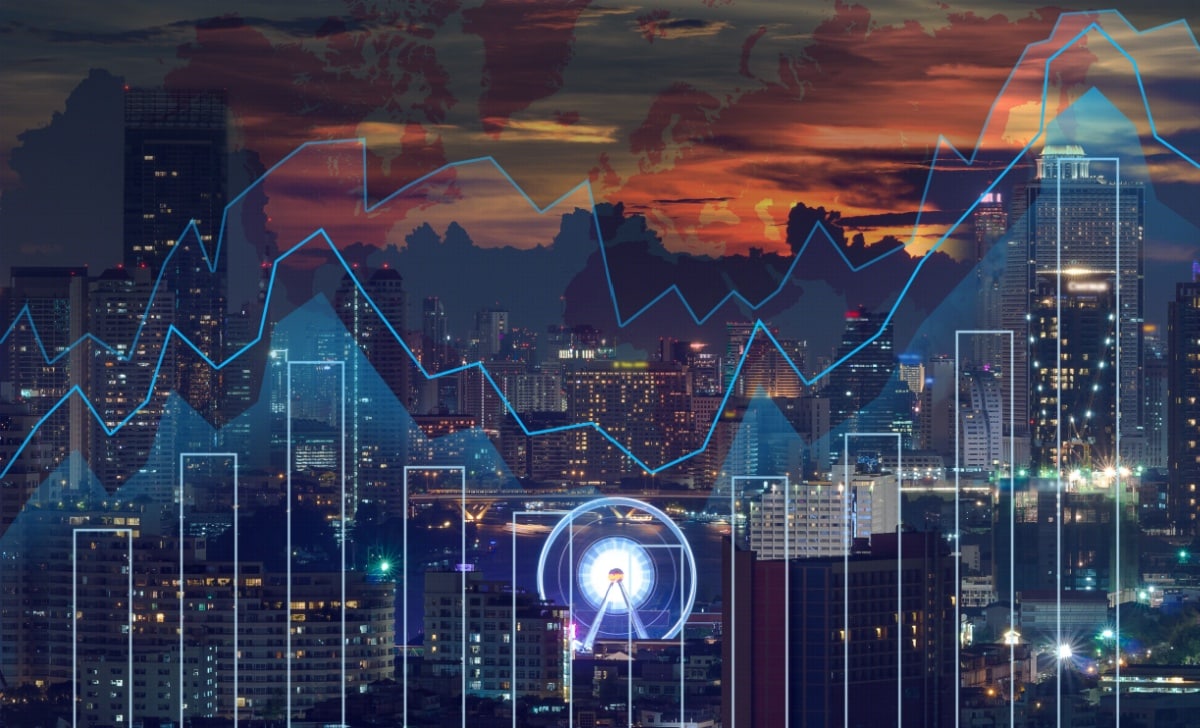 trading graph on a city landscape