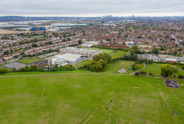 Aerial photo of Dagenham, a suburban district in east London showing typical housing estates