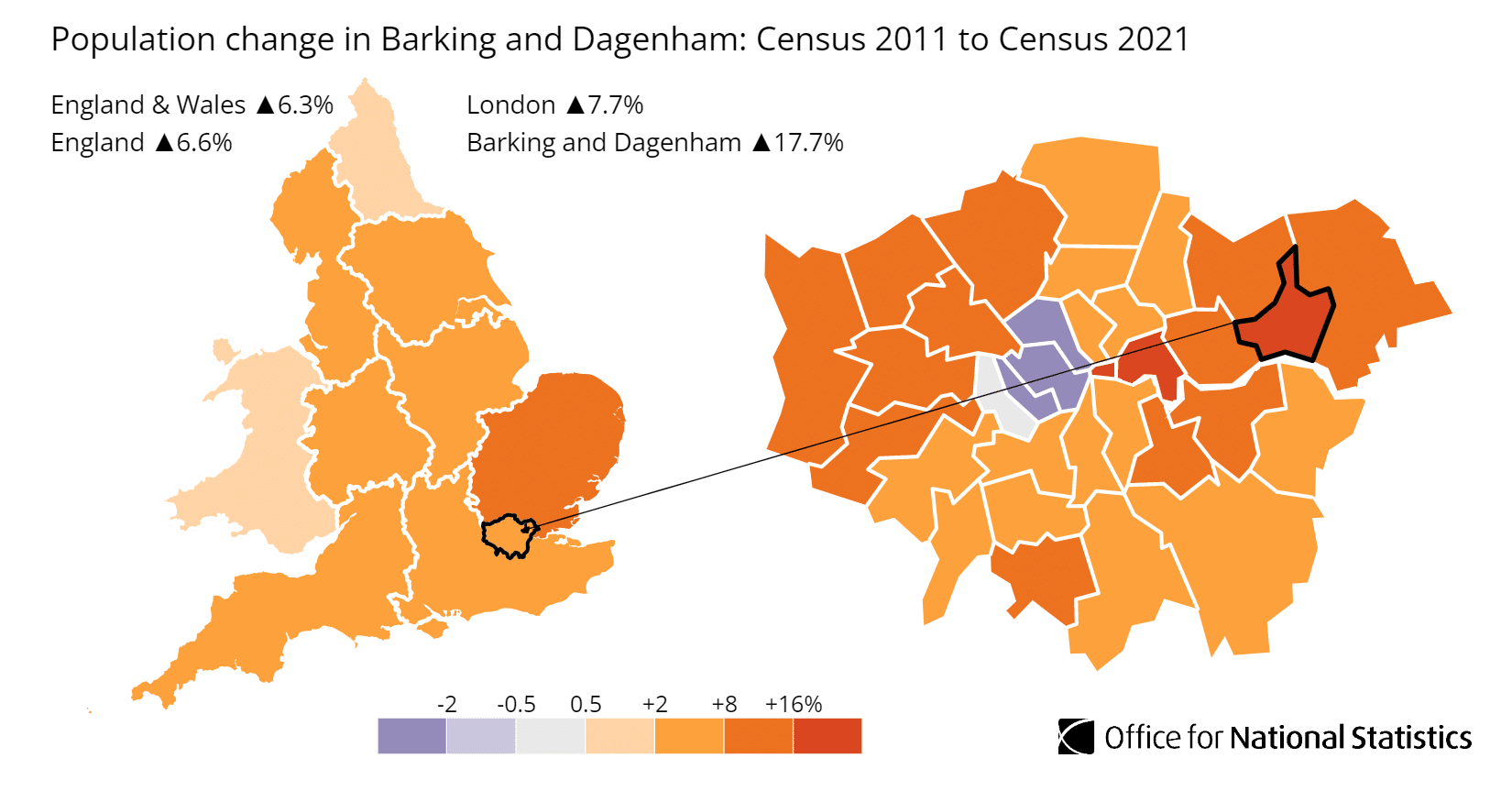 Barking and Dagenham population growth map