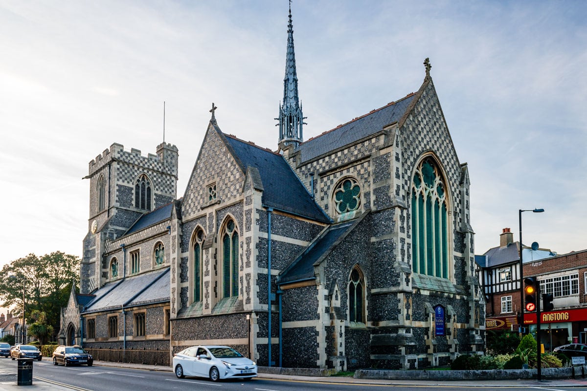 View of St John the Baptist Church in Chipping Barnet, built around 1250, at the junction of Wood Street and High Street.