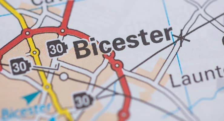 A road map showing the location of Bicester in Oxfordshire