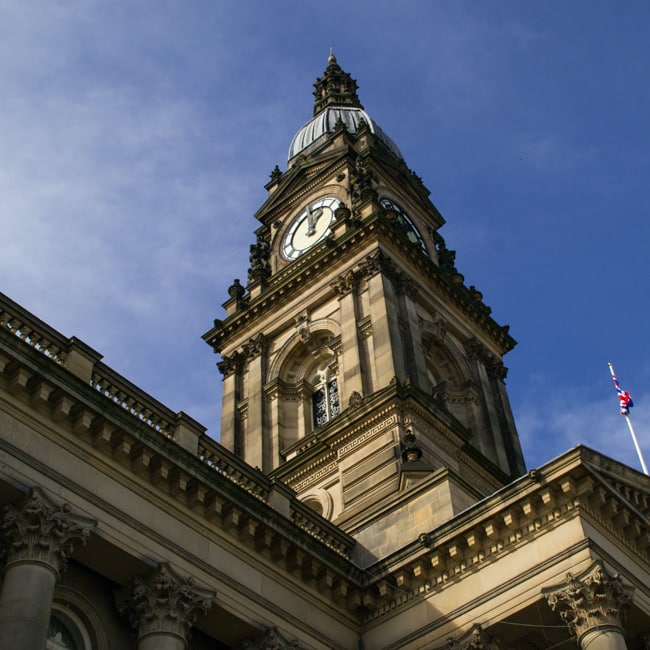 Looking up at the Bolton Town Hall clock tower