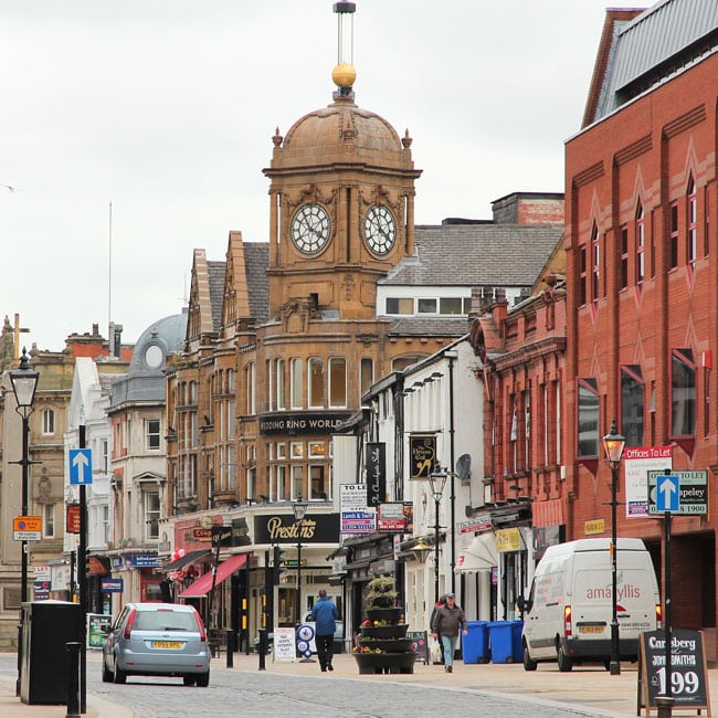 A shopping street in Bolton town centre in Greater Manchester.