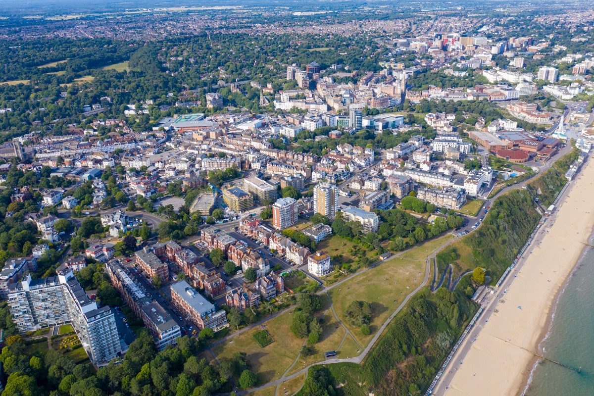 Aerial view of Bournemouth beach and town centre