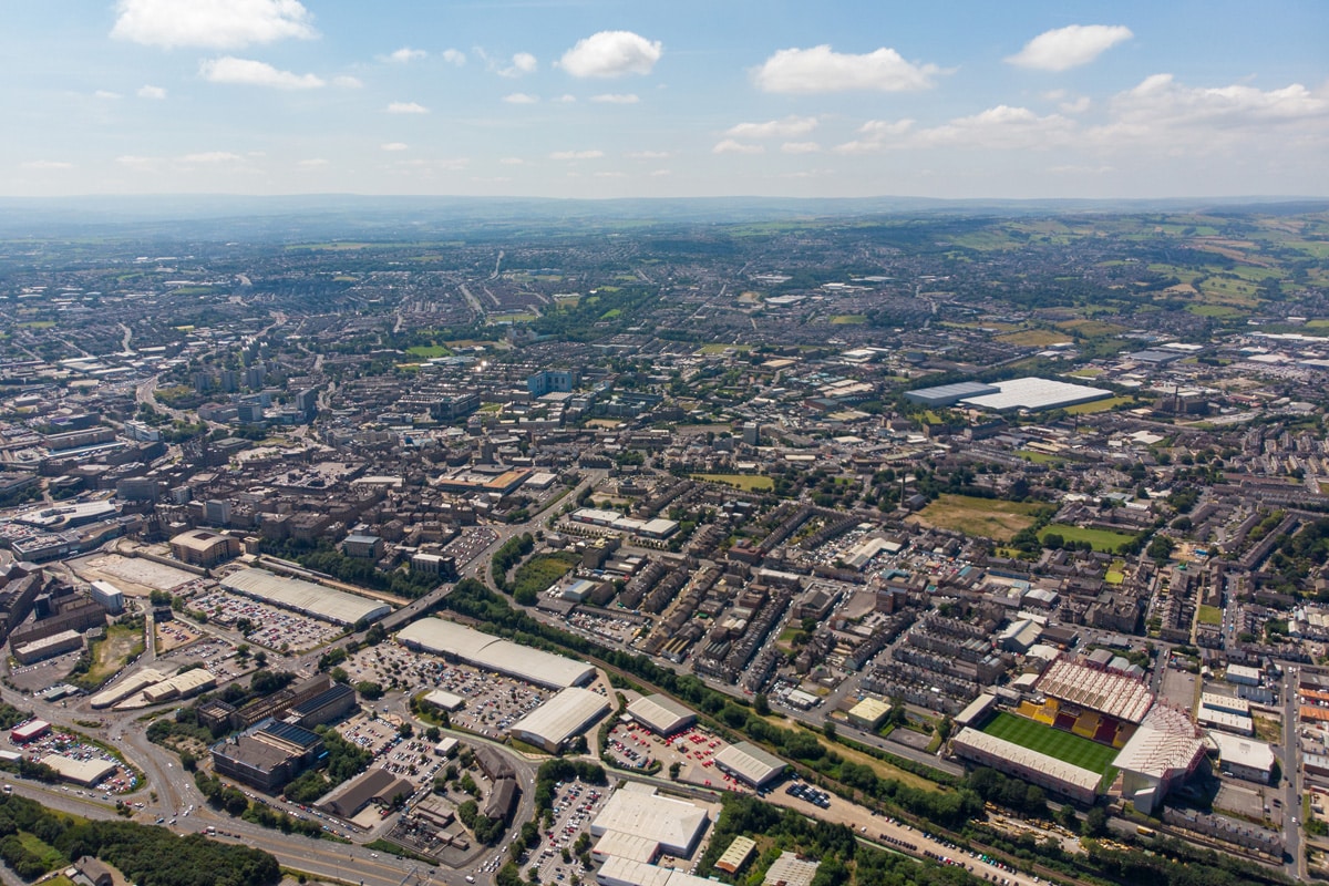 An aerial photo of the city of Bradford in West Yorkshire