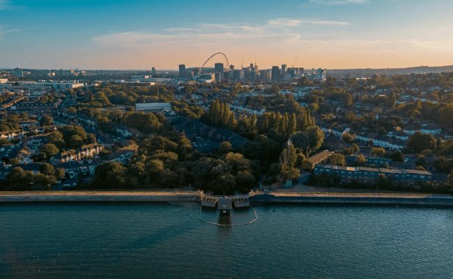 Aerial view of the Welsh Harp reservoir in Brent, north-west London