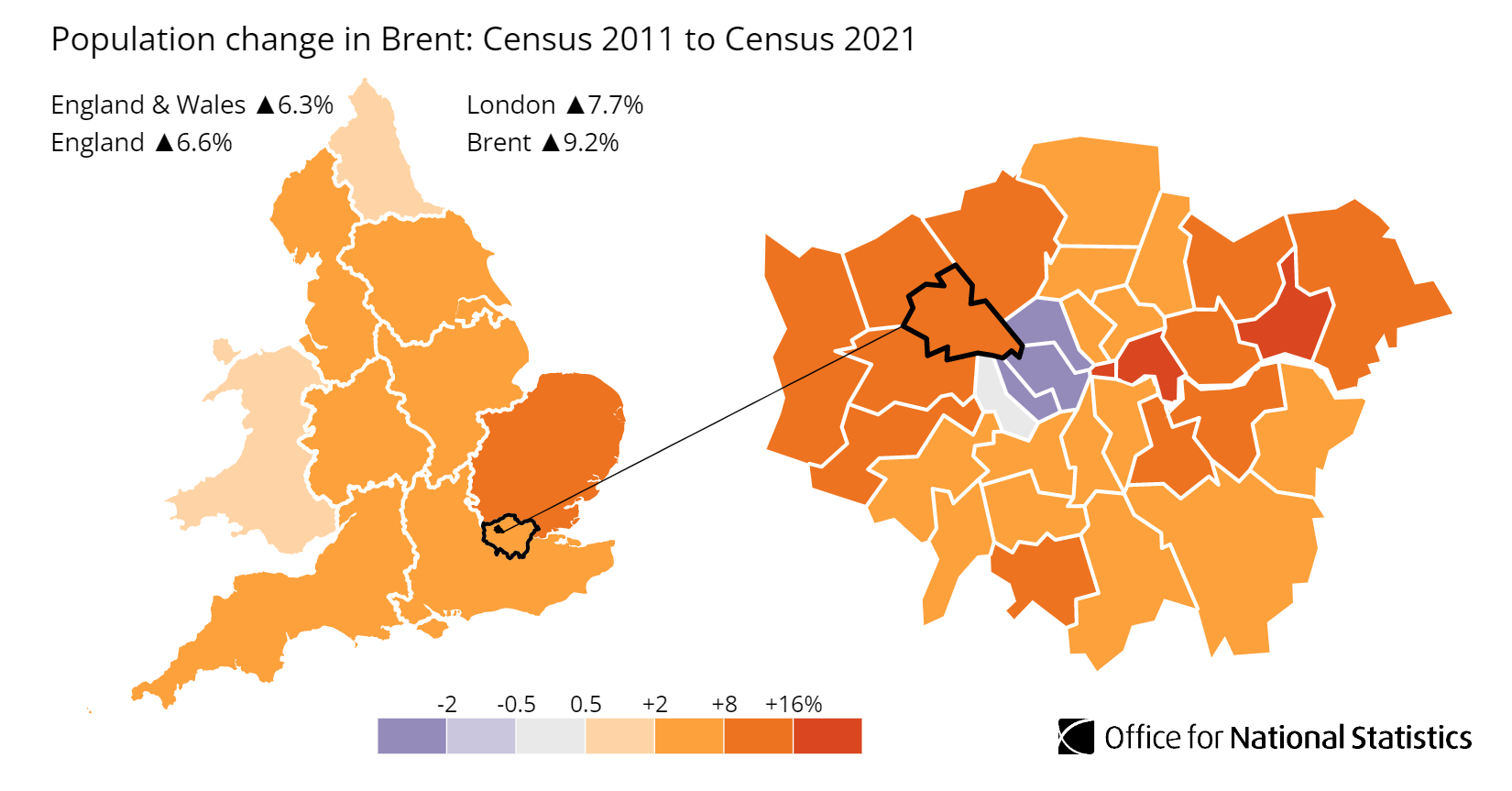 Map showing population growth across Brent between the 2011 and 2021 censuses