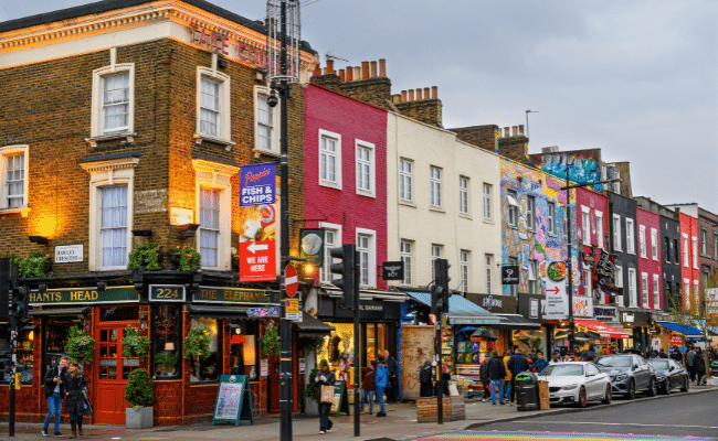 Camden Town street scene with a row of shops