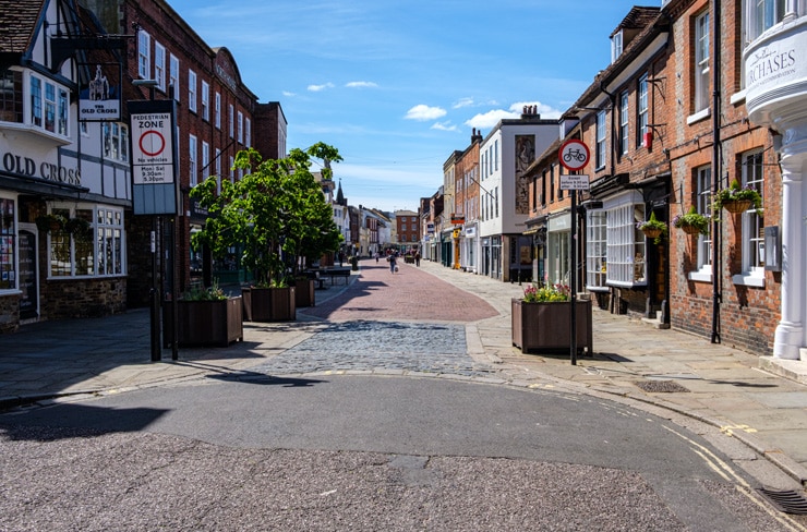 Shopping street in central Chichester on a summer day