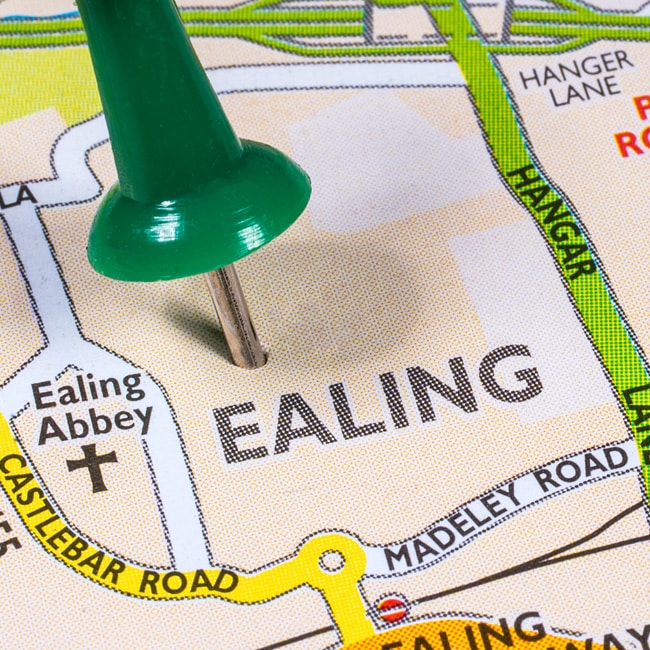 A map pin marking the Ealing district of London