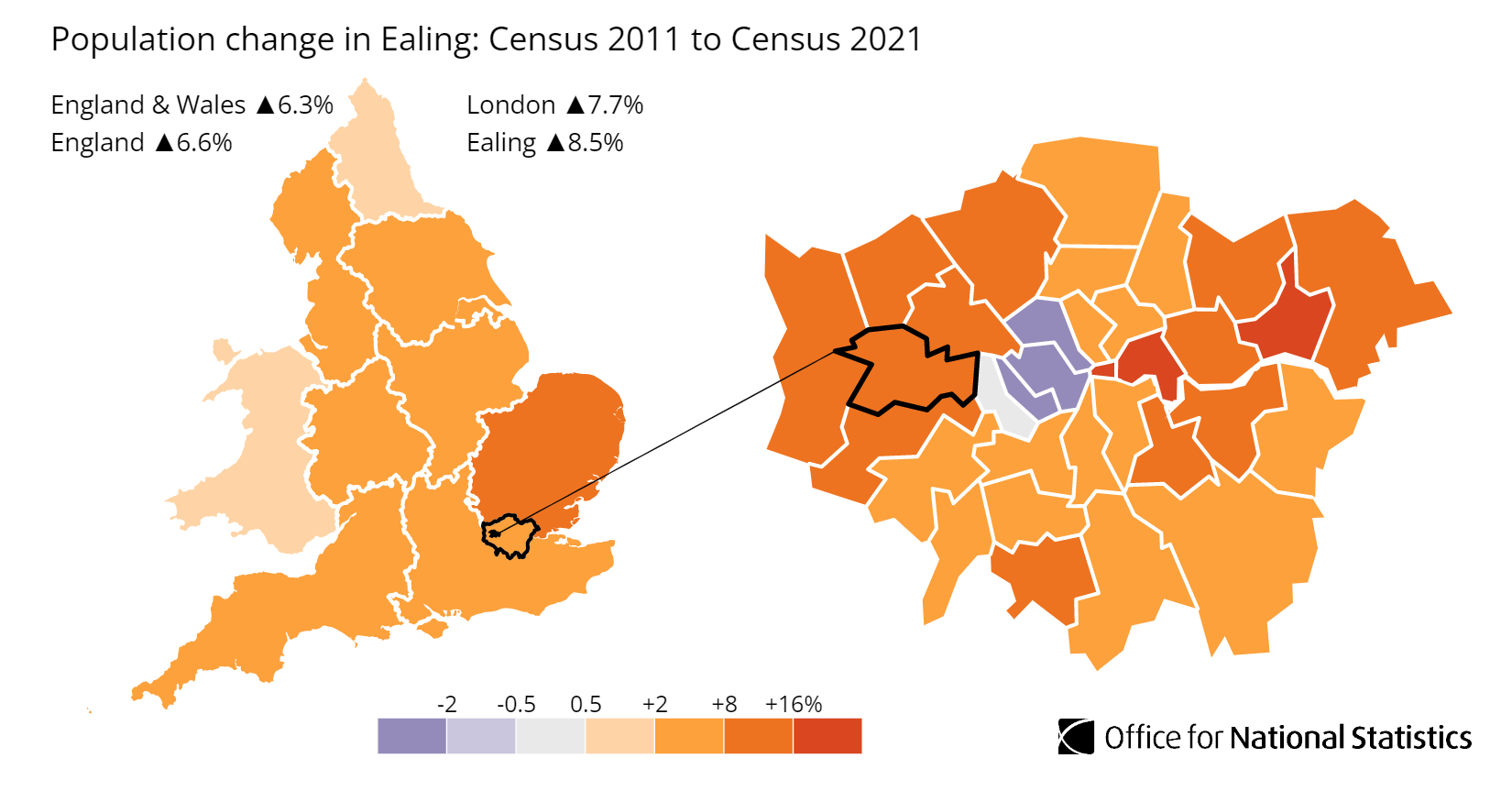 Map showing population growth across Ealing between the 2011 and 2021 censuses