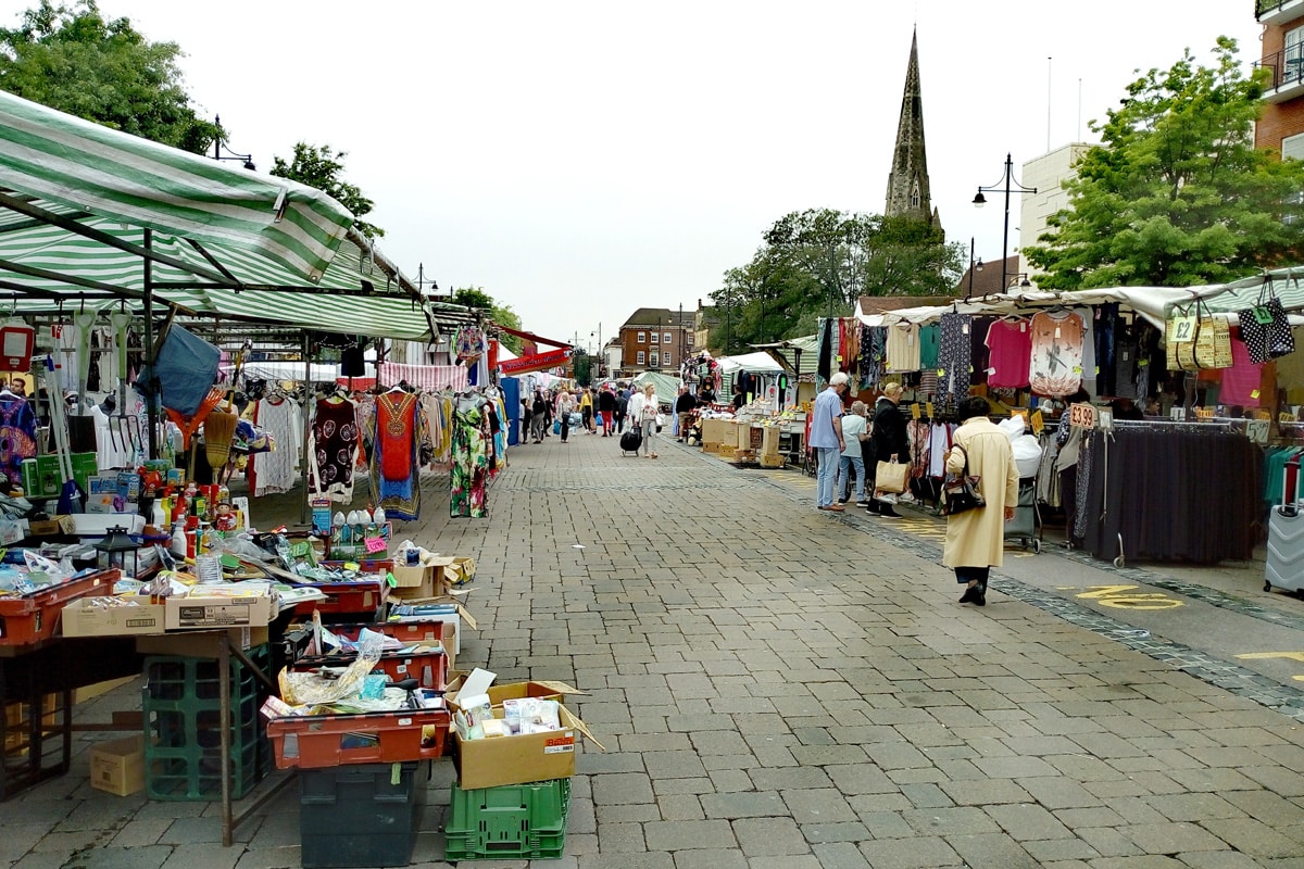 A busy street market in Tower Hamlets, east London