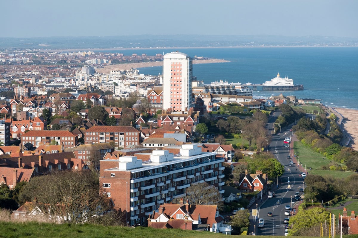 Panoramic view over Meads in Eastbourne with the town centre, promenade and pier in the distance