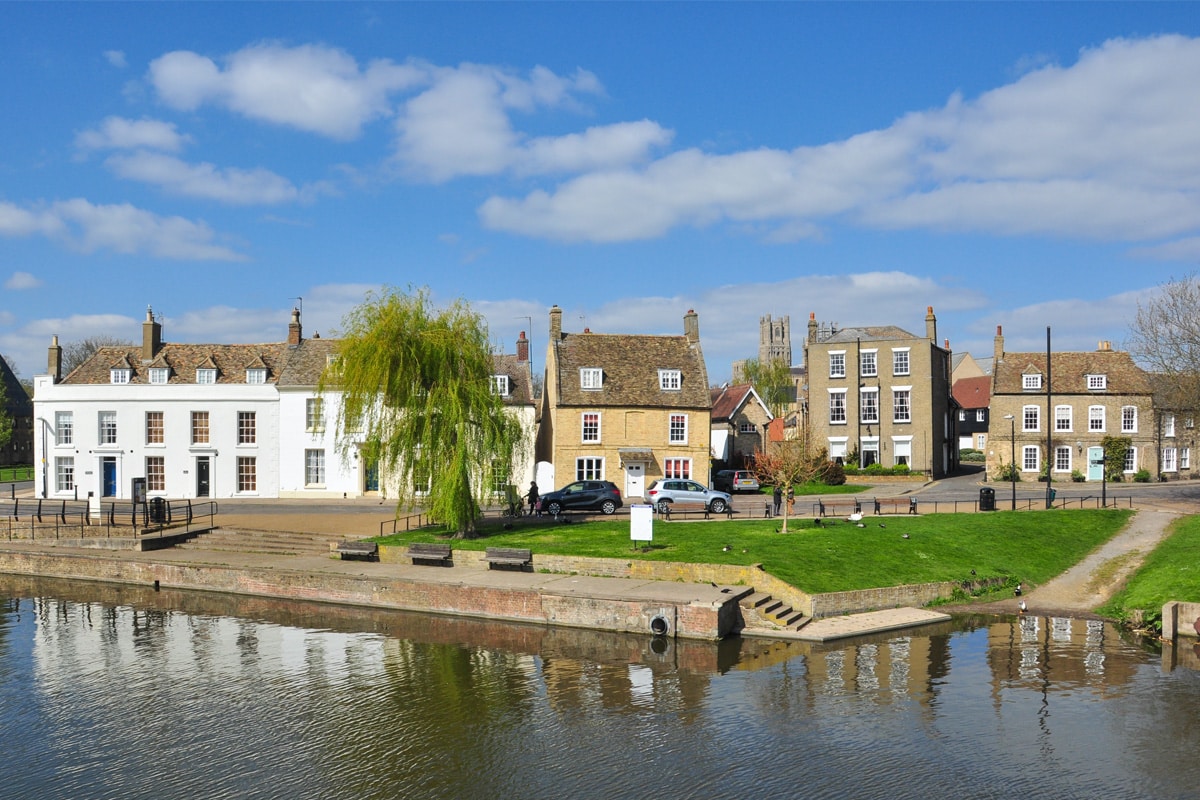 Quayside buildings along the River Great Ouse in Ely, Cambridgeshire.