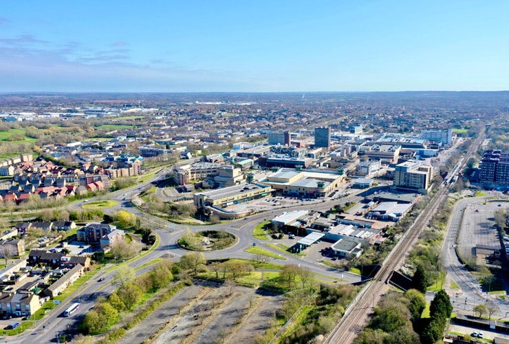 An aerial drone photograph of Basildon, Essex