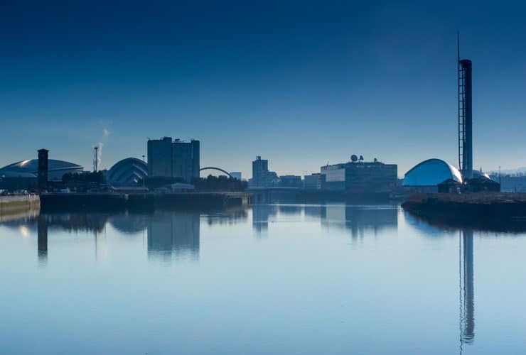 The Glasgow skyline reflected in the River Clyde