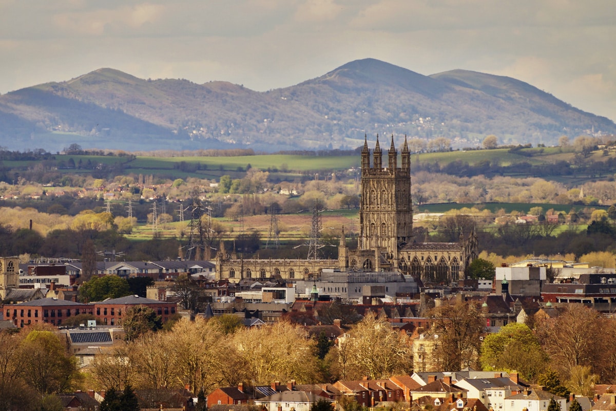 Aerial view of Gloucester Cathedral and city centre