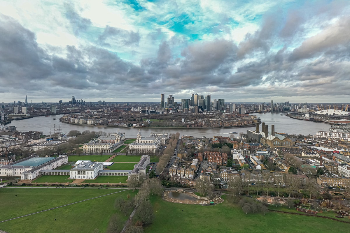 Aerial view across the Thames from Greenwich towards the Isle of Dogs