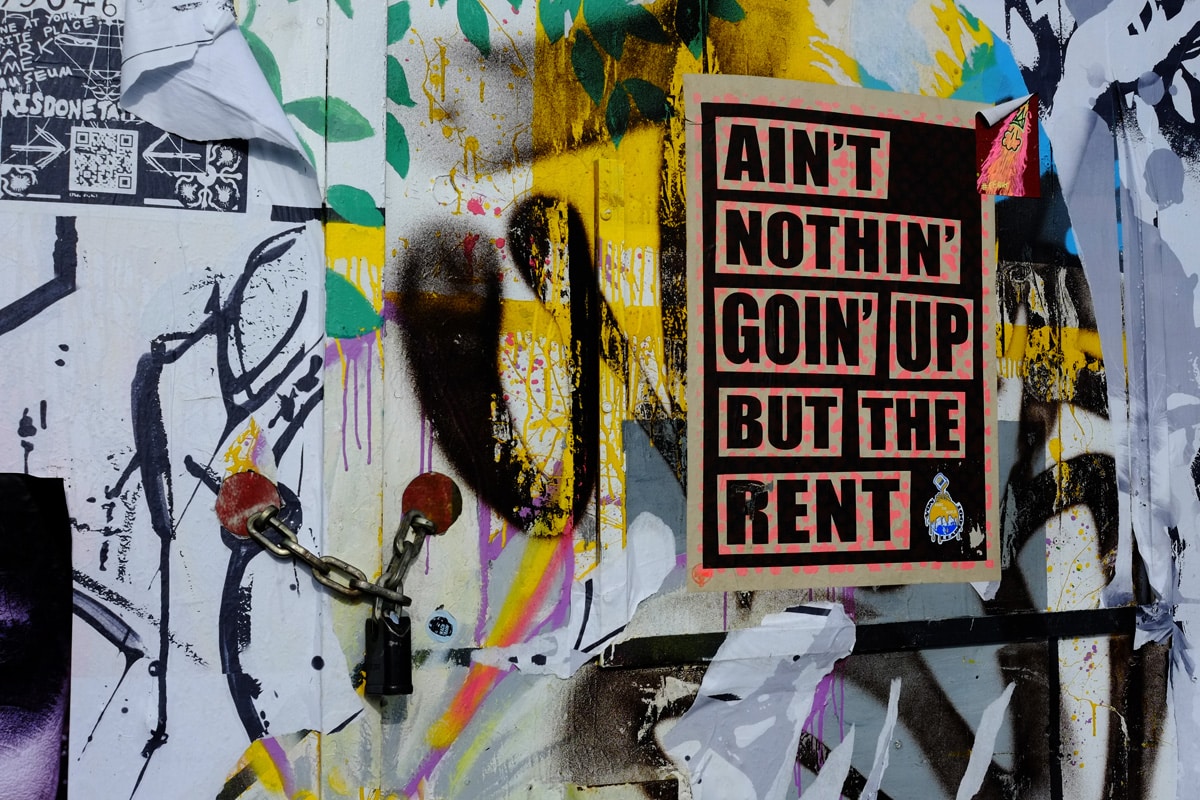 Poster in Hackney Wick protesting about rent rises driven by regeneration and gentrification of the area