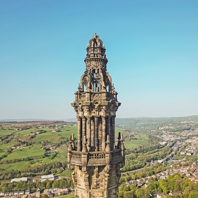 Aerial view of Wainhouse Tower in Calderdale, Halifax.