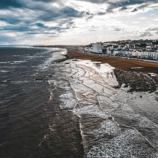 Aerial view of the St Leonards seafront in Hastings