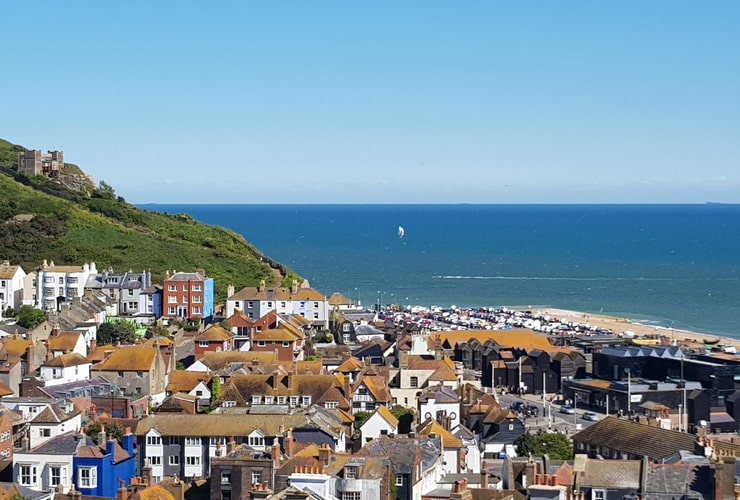 Elevated view of rooftops across Hastings