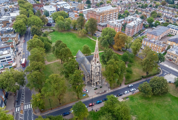 Aerial view over Christ Church and Turnham Green in Chiswick, Hounslow