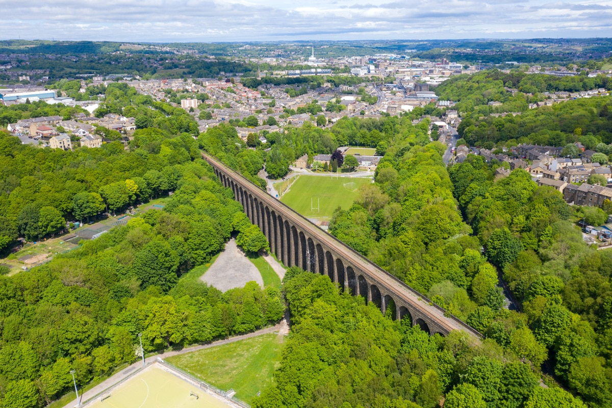 Aerial view of Huddersfield with the Lockwood Viaduct
