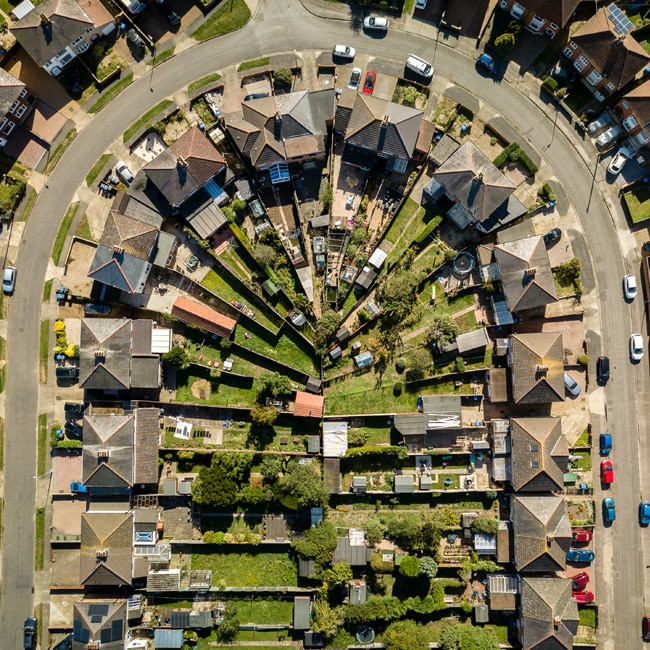 Aerial view of suburban residential streets in Ipswich, Suffolk