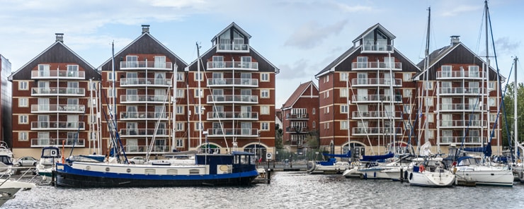 Waterfront apartment blocks beside the marina in Ipswich, Suffolk