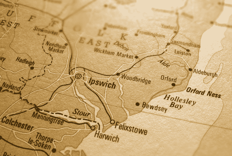 Map of Ipswich and the surrounding Suffolk area