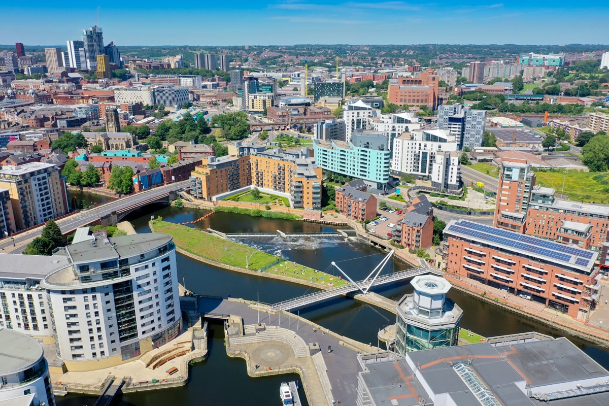 Aerial view of Leeds city centre and Leeds Dock