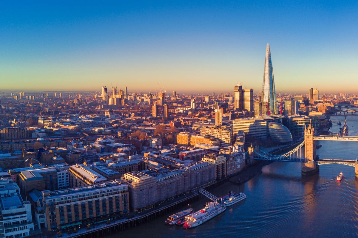 Aerial view of the London skyline including many famous landmarks