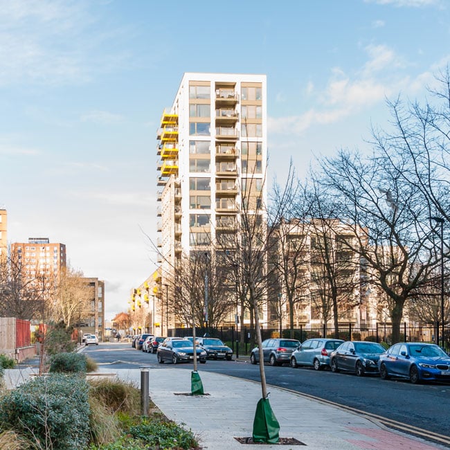 An apartment block on Green Street at Upton Gardens in Newham