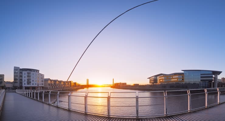 Panoramic view of the millennium footbridge in Newport at sunset