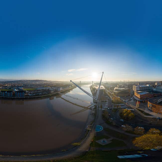 Sunrise over Newport city centre and the river