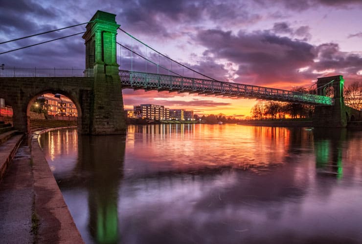 Wilford Suspension Bridge at sunset in Nottingham
