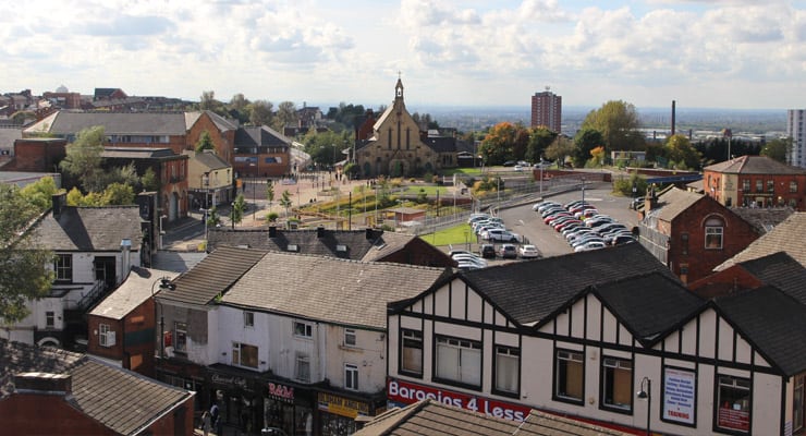Aerial view of Oldham town centre