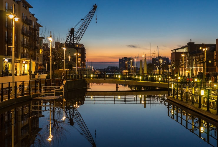 The quayside at sunset, Gunwharf Quays, Portsmouth
