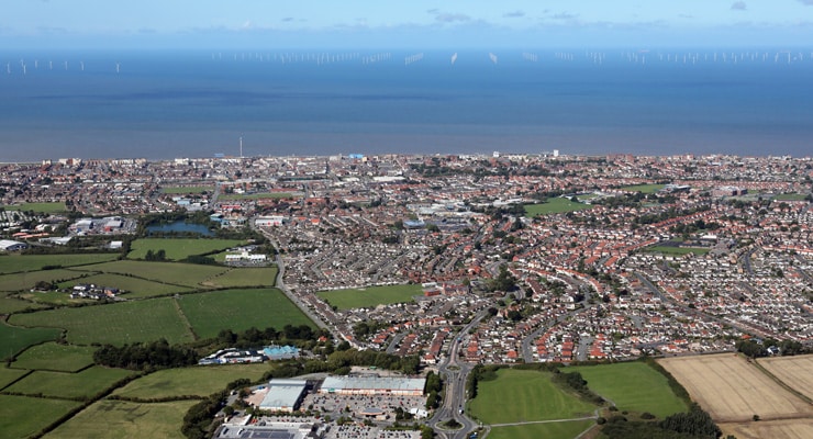 Aerial view of the North Wales coast around Rhyl and the Vale of Clwyd