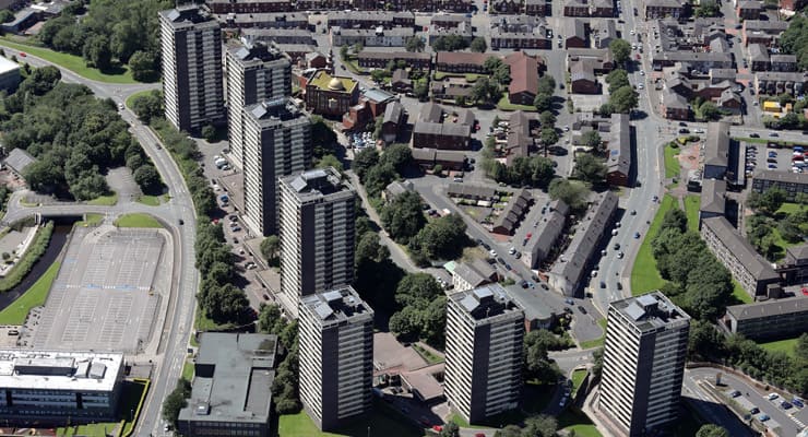 Aerial view of the Seven Sisters tower blocks in Rochdale