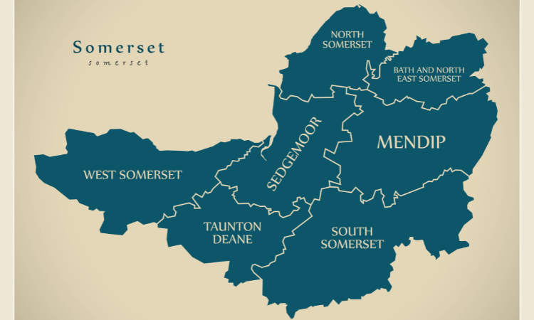 Map of Somerset showing the county in South West England
