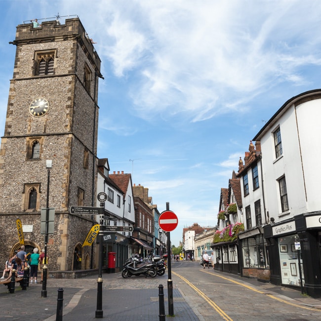 View from the medieval Clock Tower over the city centre streets of St Albans
