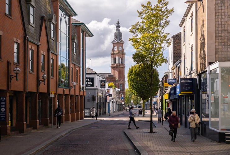 A shopping street in St Helens, Merseyside