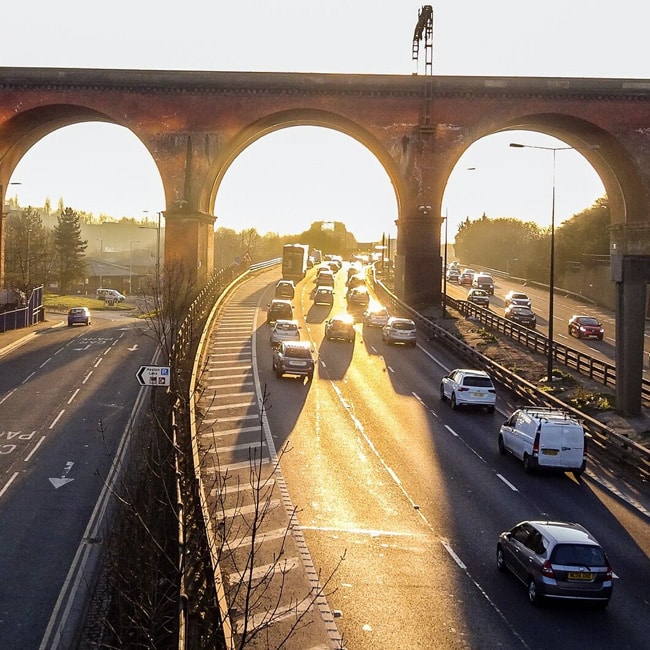 Stockport viaduct with the motorway running beneath