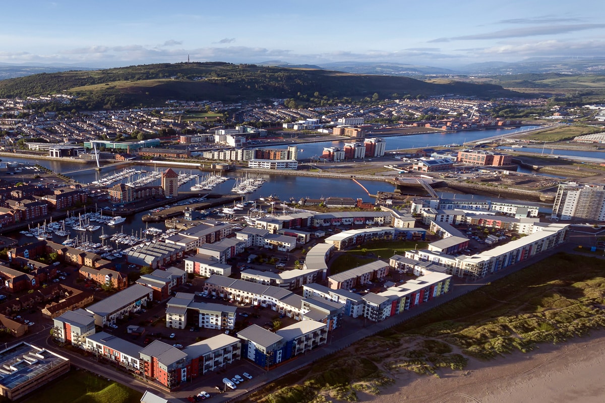 Aerial view of Prince of Wales Dock in Swansea's SA1 Maritime Quarter