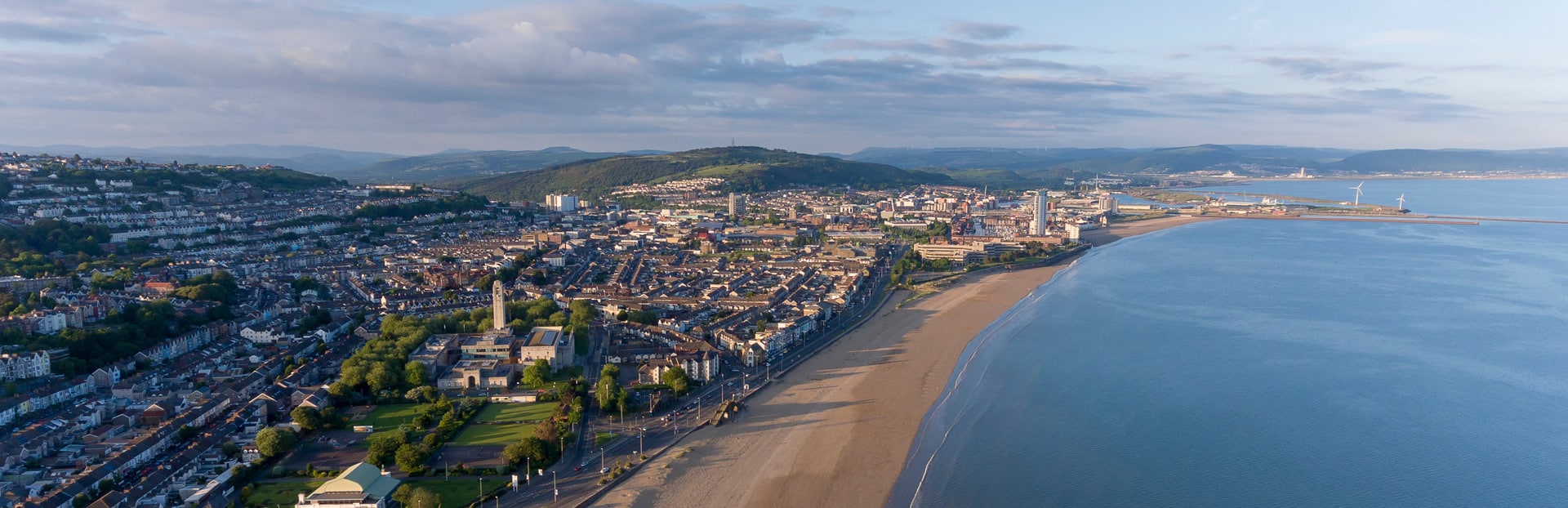 Aerial view of Swansea Bay and the coastline