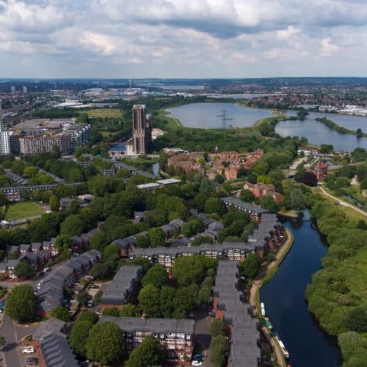 Aerial view over Tottenham Marshes and the Lea Valley