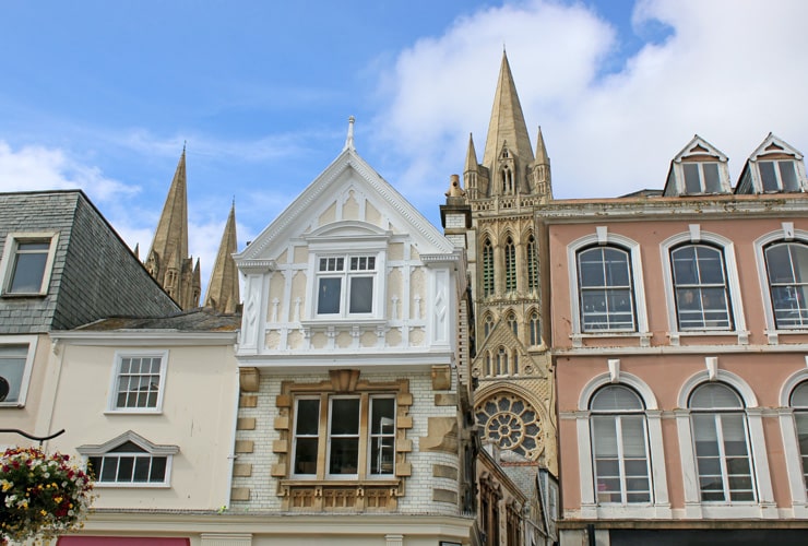 Colourful house fronts on a street in Truro, Cornwall